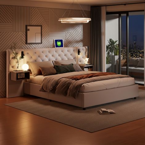 Lit coffre 160x200 cm avec sommier à lattes, tête de lit capitonnée en velours, éclairage LED intégré, 2 tables de chevet suspendues, beige (1/5)
