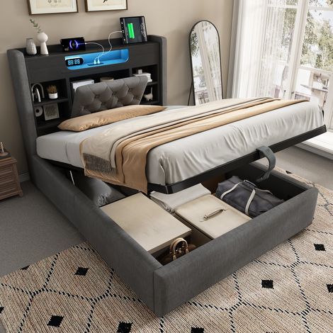 Cama tapizada 90x200cm con cajón hidráulico y iluminación LED, armazón de cama con función de carga USB/Type-C, cabecera con estante y espacio de almacenamiento, tela de lino, gris (sin colchón) (1/5)
