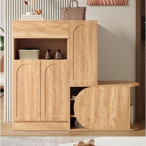 MEUBLIV Meuble à chaussures avec banc, 130 x 35 x 110,5 cm, naturel, grand rangement (1/5)