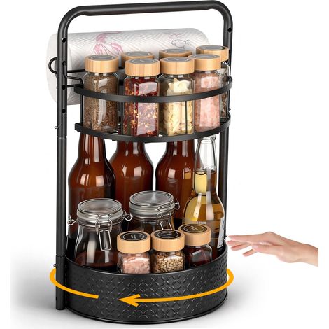 Étagère à épices rotative à 360°, Tourniquet a Epices étages Ajustable Polyvalent Avec Organisateur Placard Cuisine, Porte-Essuie-Tout et Plateau Tournant, pour Bouteilles Hautes et Basses, Noir (1/5)