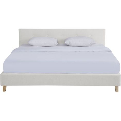 Lit adulte 180x200 cm avec tête de lit capitonnée en tissu beige - Milo (1/5)