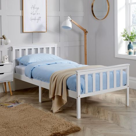 Single Bed White Wooden 3ft Childrens Bed Headboard High End Slatted Base (1/5)