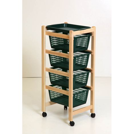 CARRELLO PORTAFRUTTA JOLLY NATURALE LEGNO MASSELLO CON RUOTE CON CESTELLI VERDI