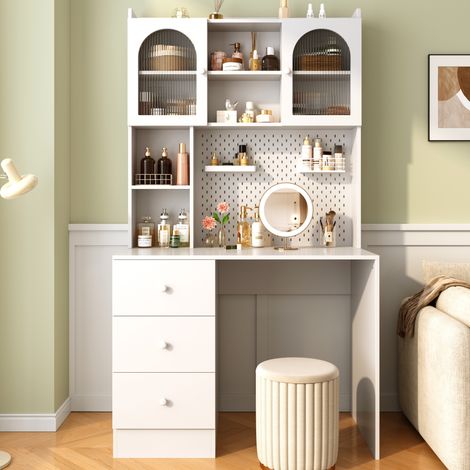 Schreibtisch mit aufsatz 100x55x180 cm - computertisch mit regalschrank lochplatte 3 schubladen und vitrine für arbeitszimmer schlafzimmer home office mdf - weiß (1/5)