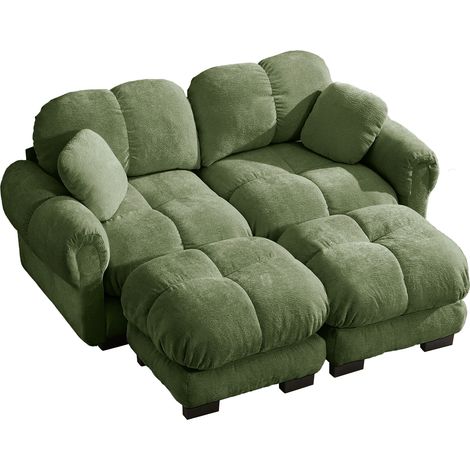 Divano modulare a U 2 posti in ciniglia verde con pouf mobile (1/5)