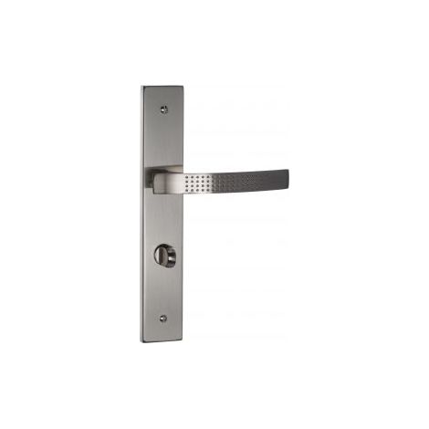 Quincadeco – Poignée de porte coulissante Elona – Acier et aluminium nickel mat – Pour porte salle de bain avec bouton de condamnation – Entraxe 195mm