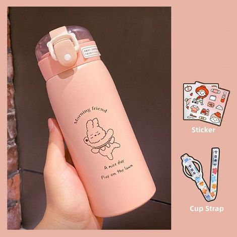 Gourde Tasse thermos avec paille, bouteille thermos de dessin animé + autocollant aléatoire + corde de tasse à bandoulière rose (1/4)