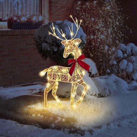 Ensemble de cerfs lumineux de Noël (1 pièce), 44 cm x 81 cm, décoration extérieure pour jardin avec 120 LED, piquets et attaches - Or (1/4)