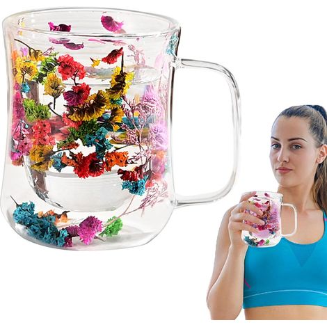 Double Wall Espresso Cups, Flower Glass Tea Cups, Dried Flower Glass Mug  Heat Resistant Glass Mug, Double Walled Glass Mug with Dried Flower Design, Heat Resistant for Hot and Cold Drinks (1/5)