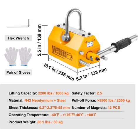 Mophorn-Magnetlift, 2200 lb/1000 kg Tragfähigkeit, 2,5-facher Sicherheitsfaktor, Neodymstahl, Auslösefunktion, permanenter Lasthebemagnet, geeignet für Schwerlasthebezeuge, Werkstattkräne (1/4)