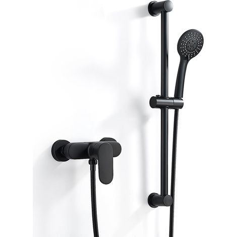 Mitigeur Monocommande Douche Noir, Robinet Mitigeur de Douche Mural avec Barre de Douche RéGlable 635mm, Douchette à Main, Flexible 150mm (1/5)