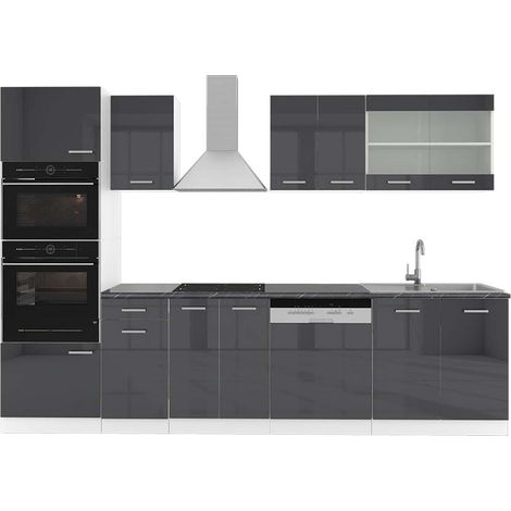 Cucina componibile R-Line, Antracite lucido/bianco, 300 cm con armadio alto, PL Antracite, Vicco