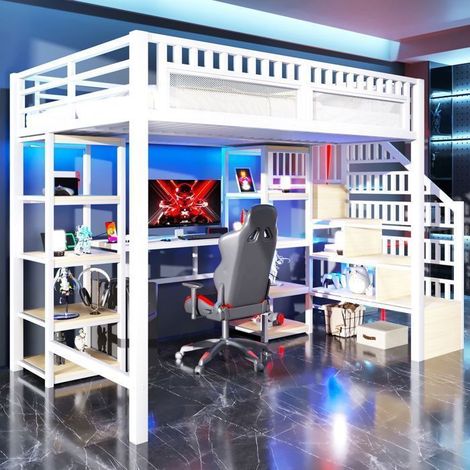 Lit Mezzanine 140x200cm avec Bureau LED et Port USB - lit double - Escalier Rangement, Étagères, Métal Blanc, Gain de Place (1/5)