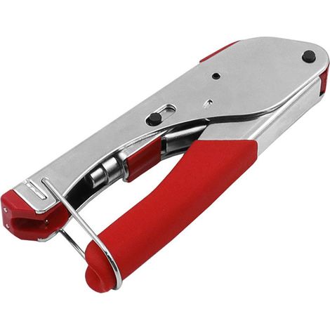 Pinza crimpatrice per cavi coassiali, connettori a F, utensile in acciaio, installazione TV con impugnatura in ABS.