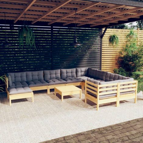 11-tlg. Garten-Lounge-Set mit Grauen Kissen Kiefernholz vidaXL (1/5)