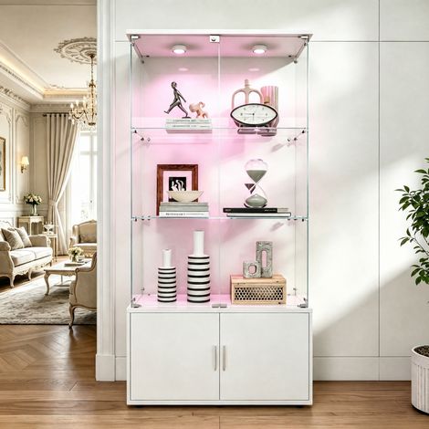Vitrine en verre avec éclairage LED, 3 étagères et placard de rangement, Dimensions 78.5x35x164 cm, pour salon, chambre ou bureau, meuble multifonctionnel