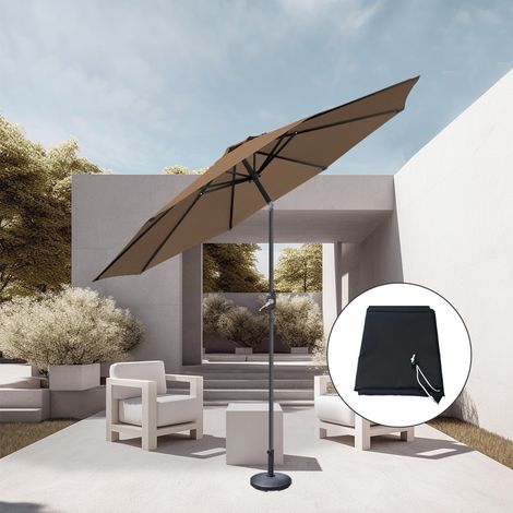 2.7M Outdoor Parasol Round Sun Shade Canopy Taupe Crank Tilt with Base Cover (1/5)
