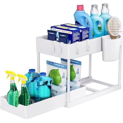 Rangement sous Évier à Étages, Organisateur Cuisine avec Tiroirs Amovibles, Rangement Coulissant sous Évier, Organisateur Placard, Étagère, Panier Coulissant pour Cuisine -Noir (1/5)
