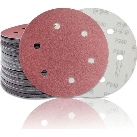 30 pièces Disque abrasif 225 mm Disque de Ponçage (5X 40/60/80/120/180/240 Grain) pour les ponceuses à long col, les meuleuses de cloison sèche de 6 trous Ronds Papier Abrasif (1/5)