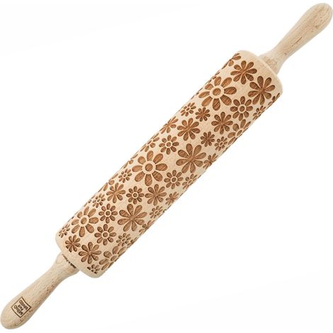 MoodForWood Nudelholz aus Holz, graviert, 43 cm mit Griffen, perfekt zum Backen – Flower Power Blumenmuster
