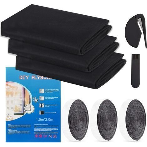 Moustiquaire Fenetre Sans Percage, Filet Anti-Insectes avec Bande Auto-Agrippante, Moustiquaire Adhésive pour Fenêtre, Moustiquaire Recoupable, Anti Mouche Moustiques (Noir, 150 x 200 cm 3 Pièces) (1/5)