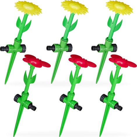 Relaxdays 6 Aspersores Césped, Diseño Flor, Pulverizador Jardín, Sistema Riego con Estaca Suelo, 34x10 cm, Rojo/Amarillo