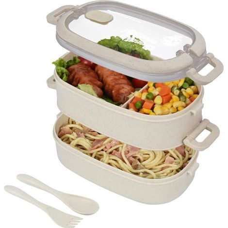 Beige Boite Repas en 2 étages avec le couvert, boite bento hermétique. Boite Déjeuner ideal pour le Pique-Nique, le Travail. Passe au Micro-Ondes et Lave-Vaiss (1/5)
