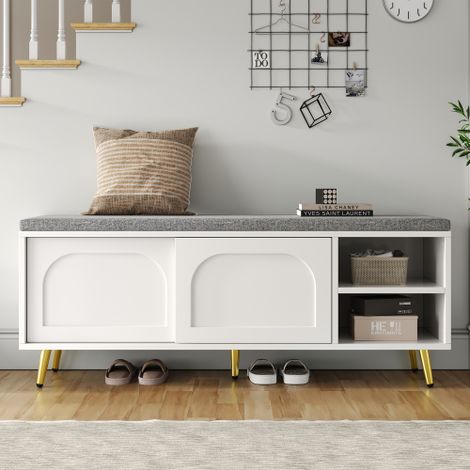 Banc à chaussures, étagère à chaussures avec banc Banc avec coussin d'assise Armoire à chaussures avec espace de rangement Banc d'entrée, blanc, dimensions : L 121 × P 35 × H 49 cm (1/5)