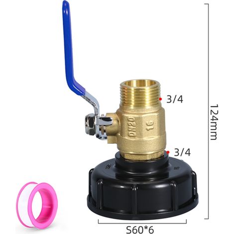 Adaptateur capuchon IBC avec valve à bille laiton double mâle 3/4, poignée bleue - Raccord ABS+Laiton multicolore (1/2)