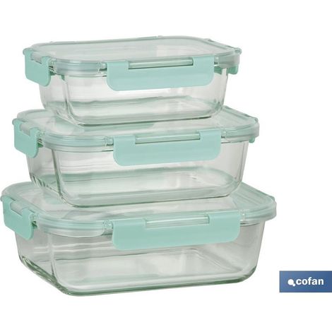 Set da 3 portapranzo rettangolari di vetro borosilicato Modello Aghata Capacità: 640-1040-1520 ml