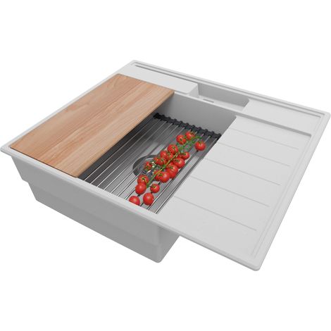 PRIMAGRAN Evier Cuisine en Granit 62x53cm, Lavabo 1 bac + Kit de Vidage + Accessoires, Évier à Encastrer au meuble 45cm - Sydney Pocket, Gris (1/5)