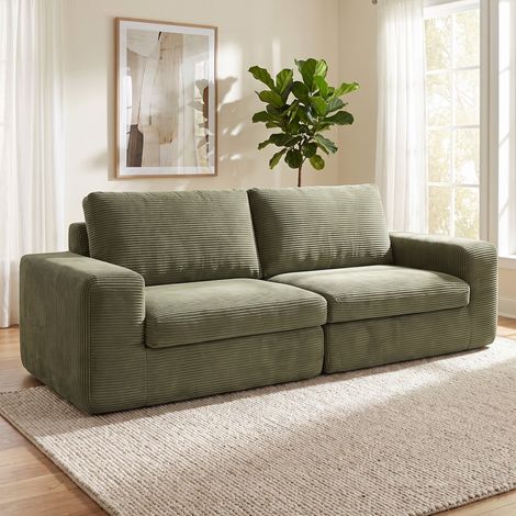 Canapé 3 Places en Velours Côtelé, Canapé de Salon Compressé Moderne 236 cm avec Coussin à Ressorts, Vert (1/5)