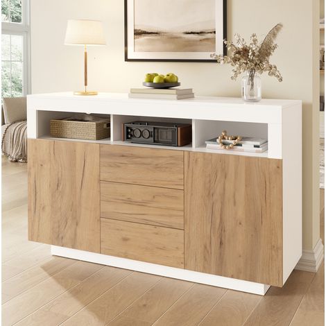 Buffet 140x40x85 cm en bois blanc et naturel, avec rangement gain de place pour salon FloraGrace (1/5)