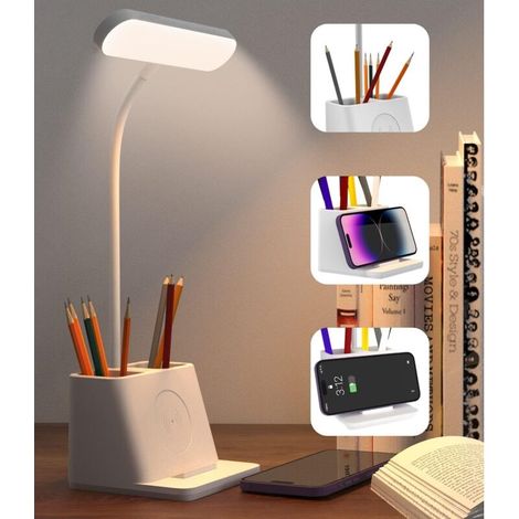 Lampe de table LED blanche, dimmable, avec support pour téléphone, lumière tricolore, lampe de table pour enfants, lampe de chevet tactile