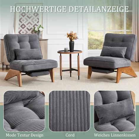Fauteuil relax moderne en tissu velours côtelé gris avec repose-pieds, coussin lombaire et piètement bois, sans dossier réglable, idéal séjour/chambre/bureau. (1/5)