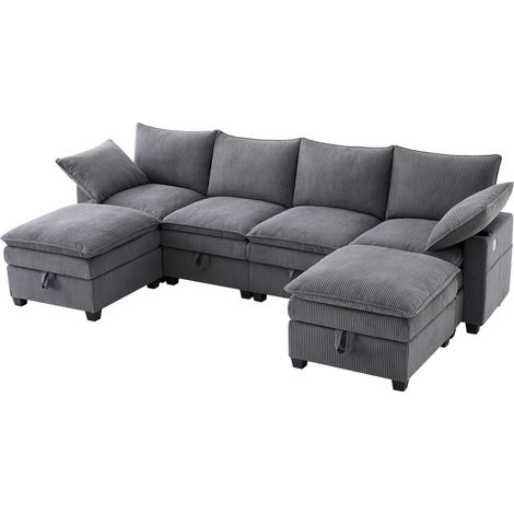 Canapé d'angle modulaire 6 places en velours côtelé gris avec poufs amovibles, ports USB, rangements intégrés et porte-gobelets (1/5)