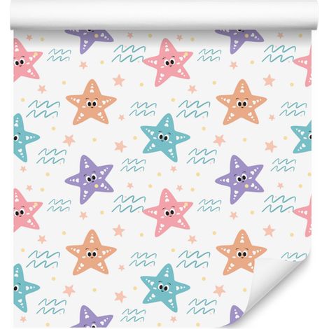 Carta da parati con stelle marine nei colori bianco, corallo e crema per soggiorno e camera da letto, 50x1000 cm. (1/5)
