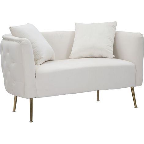 Divanetto Bucarest in velluto crema con braccioli capitonne e gambe oro 127x74x73 cm