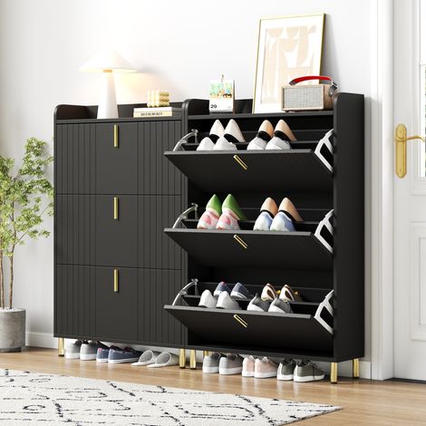 Zapatero de MDF negro mate con base y tiradores dorados, 80 x 23 x 123,5 cm, baldas centrales regulables (1/5)