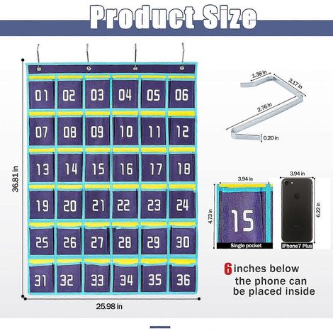 Accessoires de salle de classe Loghot : tableau de poche pour téléphones portables, support mural et de porte (36 poches, bleu) (1/4)