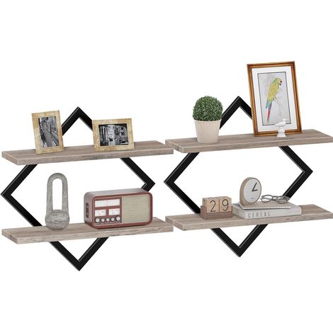 Étagère flottantes, Lot de 2, Étagères murales à 2 Niveaux, Rangements Suspendus avec Cadre métallique losangé, pour Salon, Chambre, Cuisine, Bureau, Gris Patiné et Noir (1/5)
