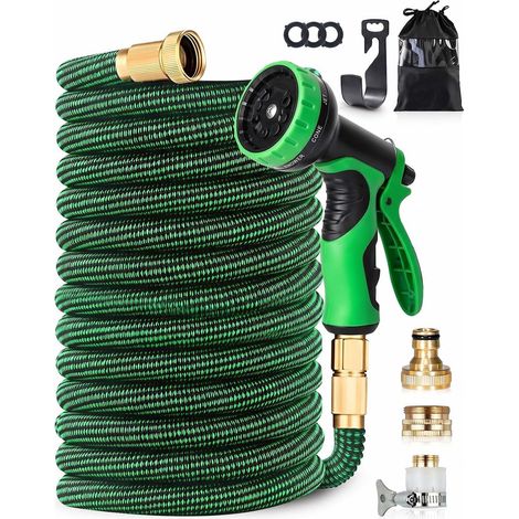 Flexible Expandable Garden Hose 150 FT with 10 Jets Multifunctional Shower Head, Universal 1/2 Inch and 3/4 Inch Connectors, Reinforced Metal Tips, Black Green (1/5)