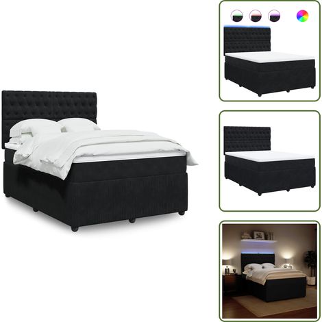 LED-Beleuchtung - vidaXL Boxspringbett mit Matratze Schwarz 140x200 cm Samt - Kopfteil (1/5)