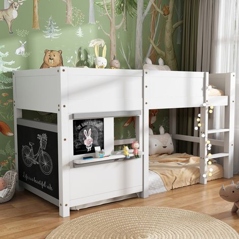 Letto casetta per bambini in legno massello 90x200 cm bianco, stile scandinavo, con lavagna, ripiano e scala a 3 gradini (1/5)