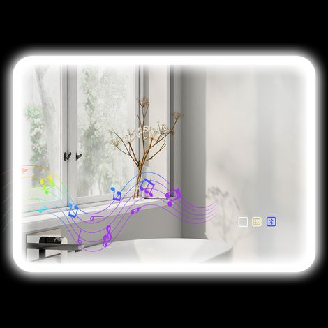 Miroir salle de bain LED bluetooth 50 x 70 cm interrupteur tactile lumière réglable 3 couleurs anti-buée mémoire argent