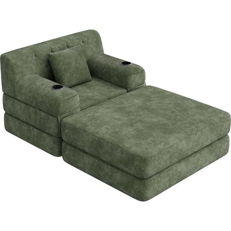 Sofá cama individual de pana verde con respaldo alto y 2 portavasos HOMVRA (1/5)