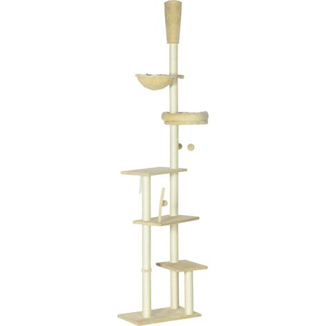 Arbre à chat du sol au plafond (230-250 cm) avec hauteur réglable, plusieurs plateformes, paniers, hamac, balles, beige (1/5)