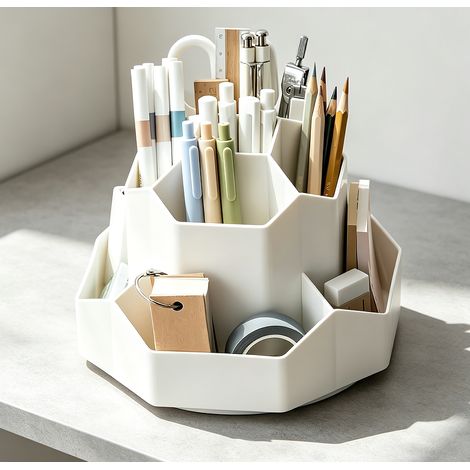 Pot à crayon rotatif à 360 degrés organiseur de bureau multifonction grande capacité pour papeterie et maquillage couleur blanc crème (1/3)