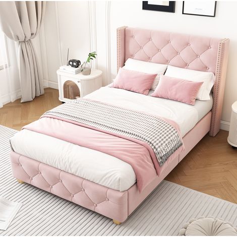 Polsterbett 90x200 cm Mit Lattenrost Und Gepolstertem Kopfteil In Rosa Velours (1/5)
