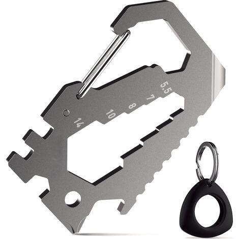 Herramienta multiusos 12 en 1 para tarjetas de crédito con mosquetón, estuche localizador inteligente, sistema antipérdida, abridor de botellas, llave hexagonal y destornillador. (1/5)